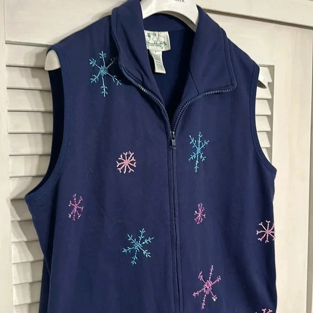 VTG the quacker factory snowflake winter holiday zipper blue vest women’s large
